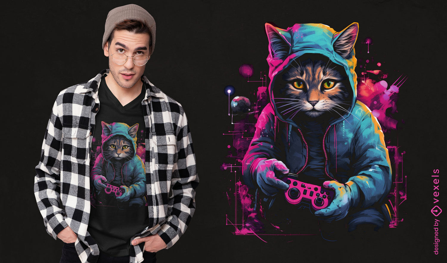 Diseño de camiseta de jugador de gato enfocado.