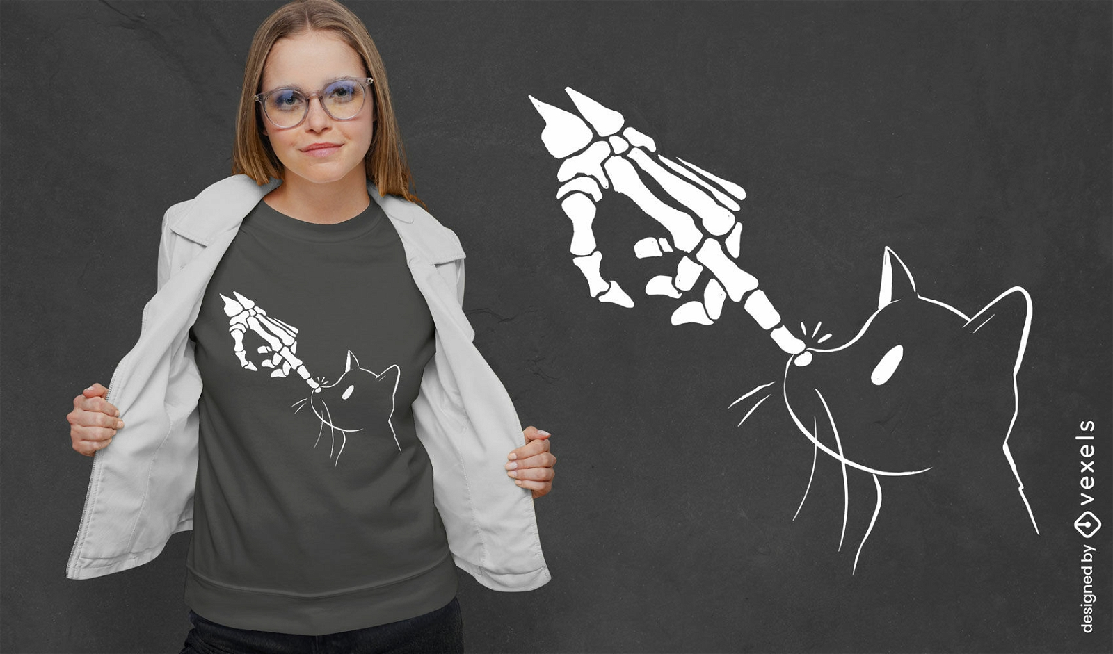 Diseño de camiseta de mano de esqueleto de gato.
