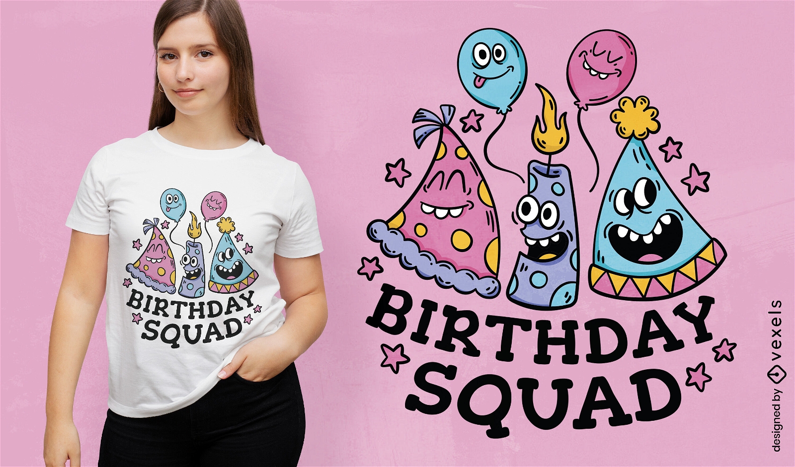 Verspieltes T-Shirt-Design mit Geburtstagskreaturen