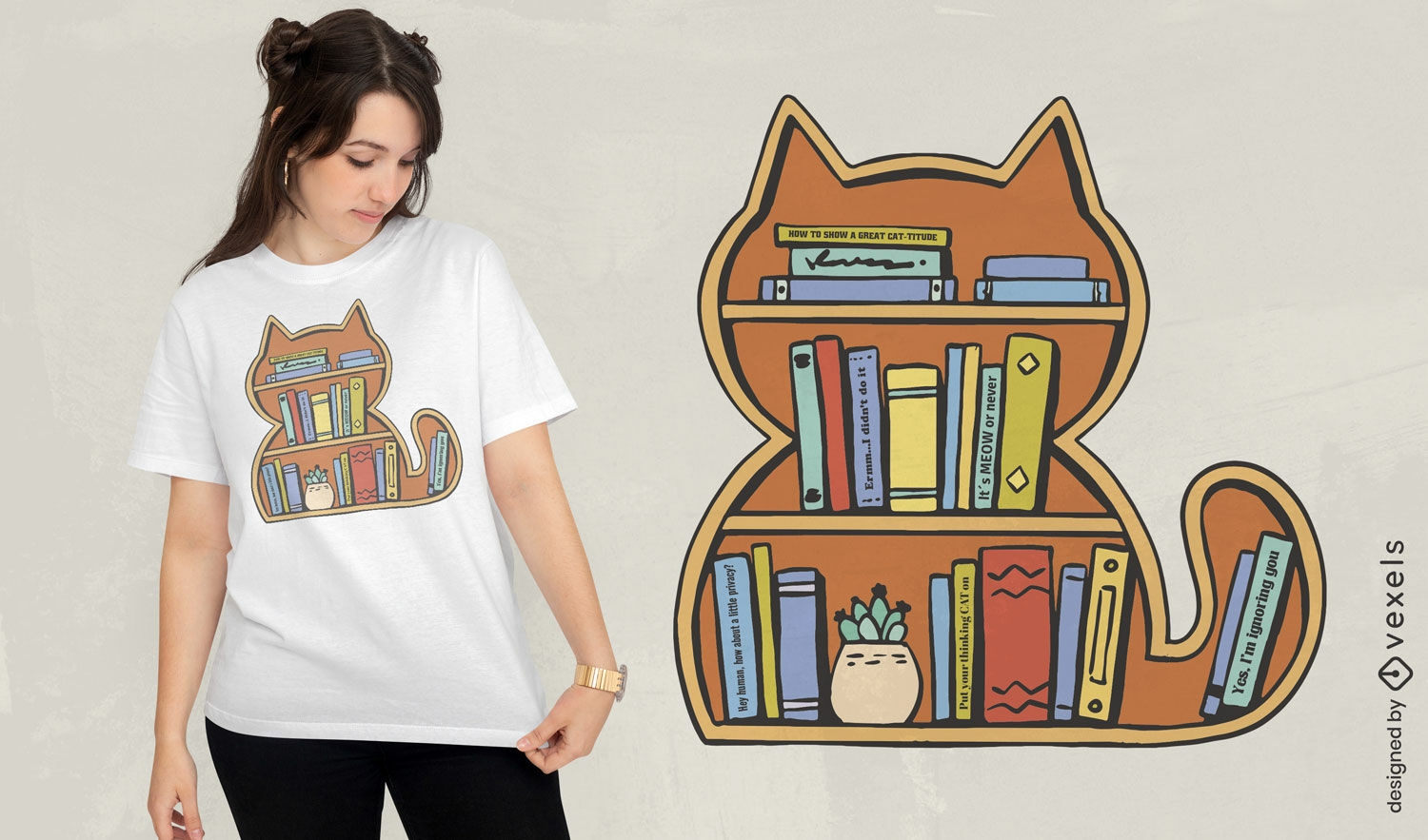 Diseño de camiseta de estantería con forma de gato.