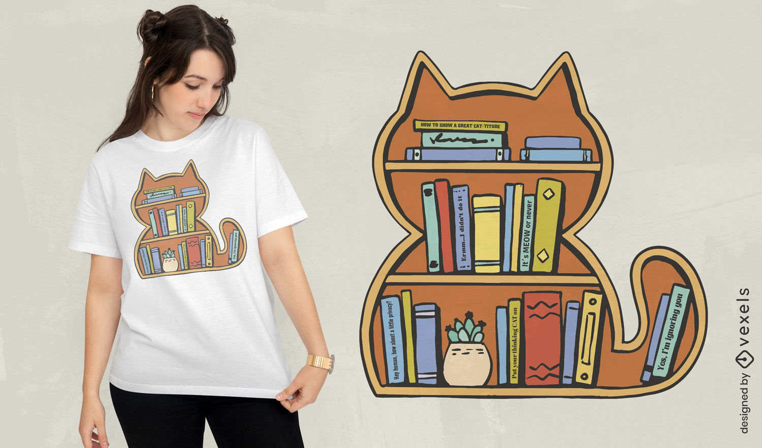 Katzenförmiges Bücherregal-T-Shirt-Design