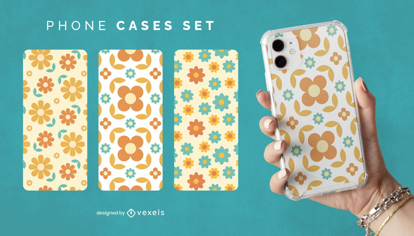 Diseño de escenografía de fundas para teléfonos con estampado floral.