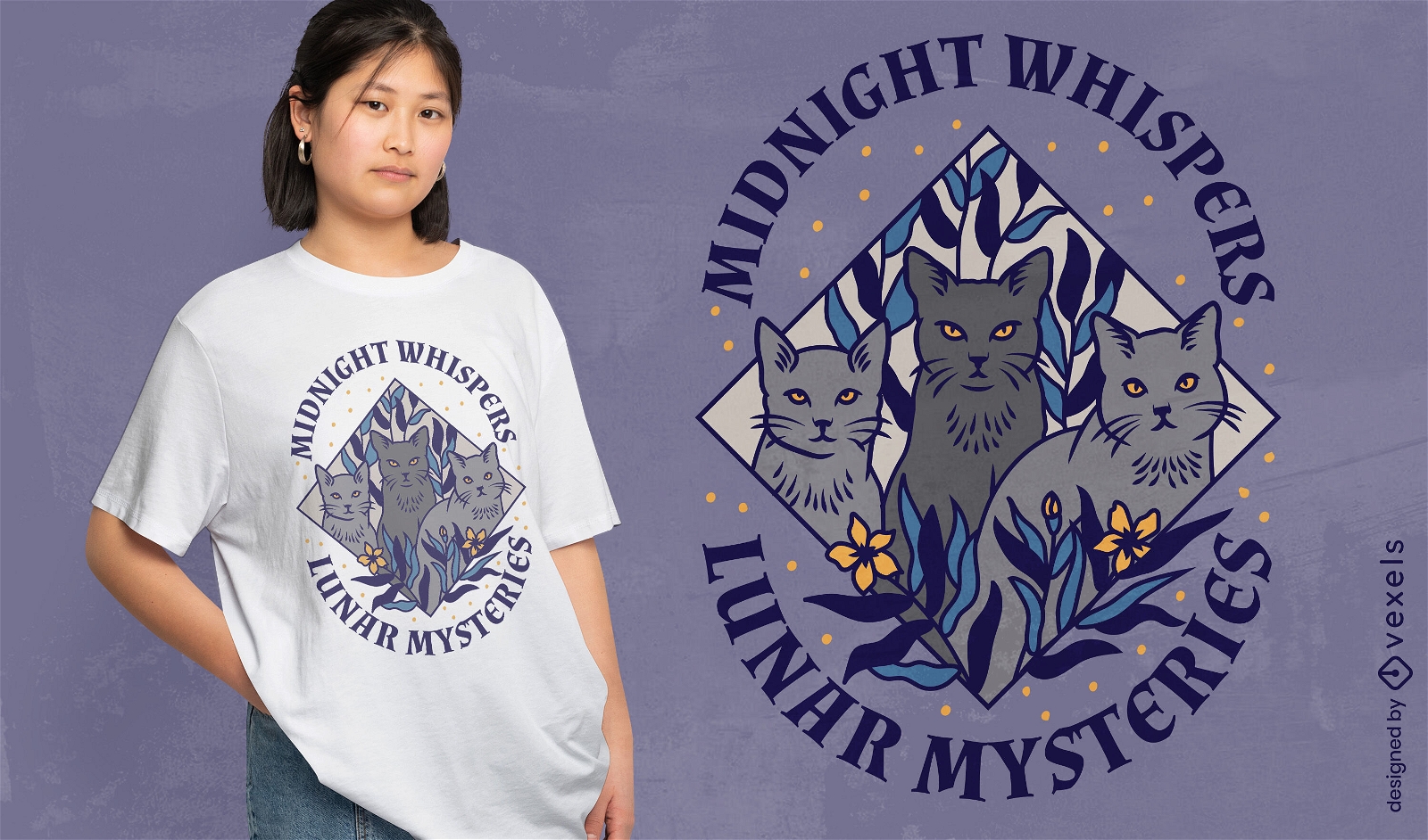 Design de camiseta com mist?rios de gatos lunares