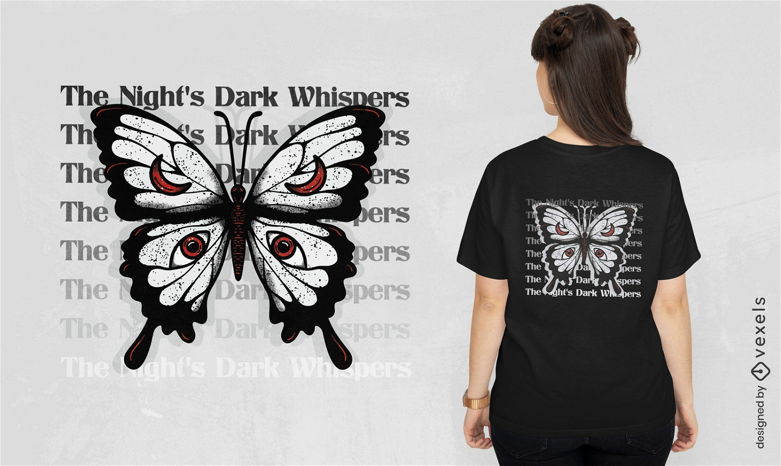 Design de camiseta borboleta com sussurros noturnos