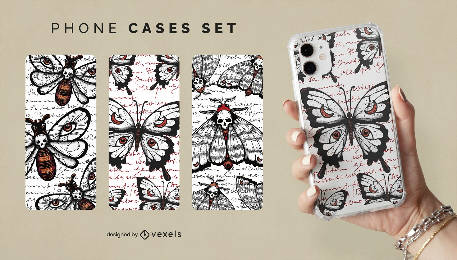 Diseño de escenografía de fundas para teléfonos con patrones de insectos oscuros.
