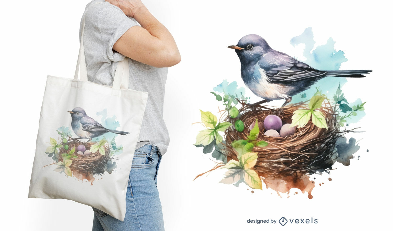 Diseño de bolso tote de pájaro y nido.