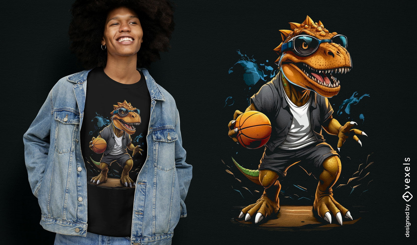 Diseño de camiseta de jugador de baloncesto de dinosaurio.