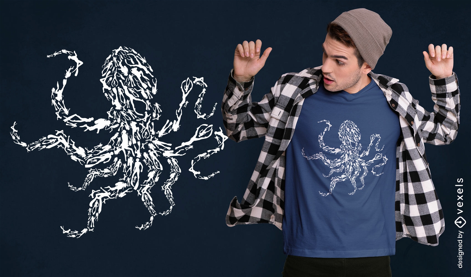 Octopus and scuba divers silhouette t-shirt design