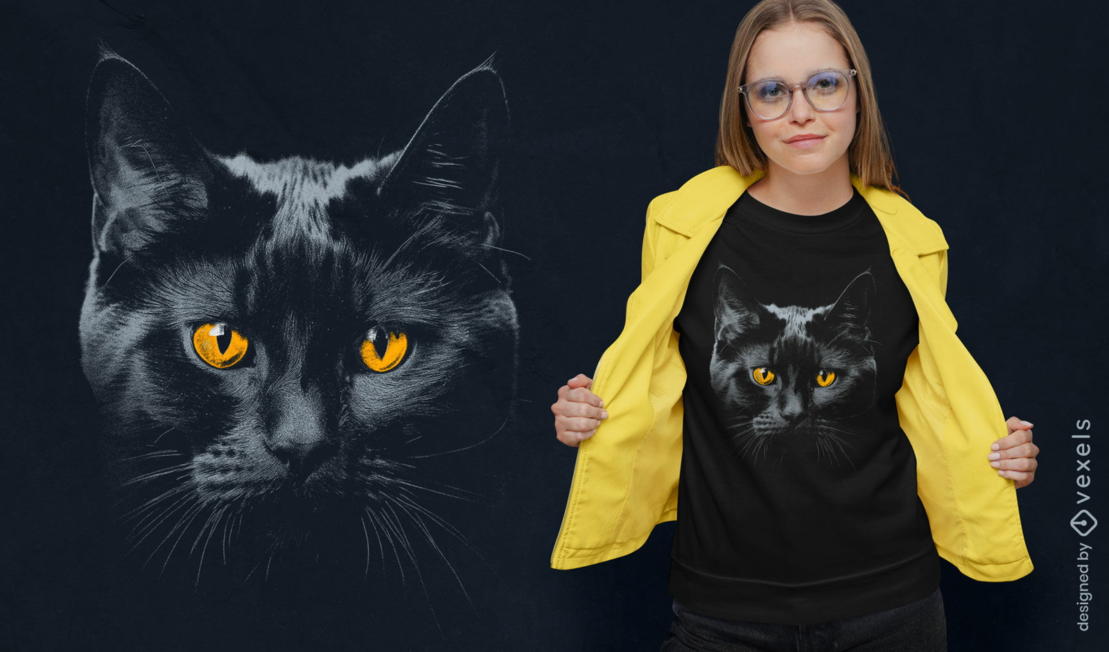 Diseño de camiseta de gato negro con ojos amarillos penetrantes.