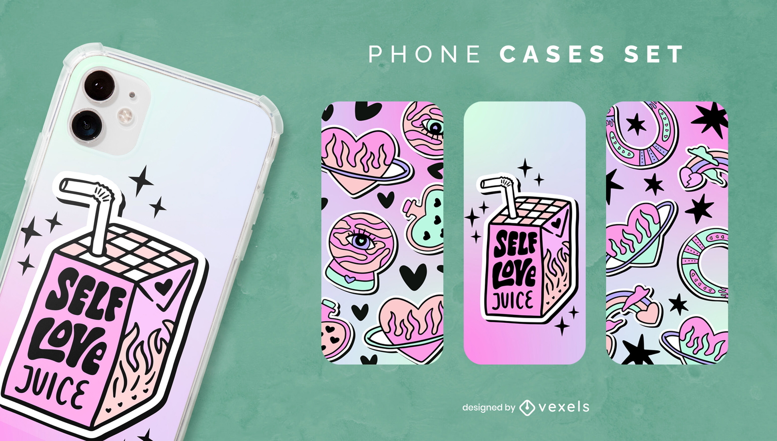 Diseño de escenografía de fundas para teléfonos extravagantes sobre amor propio.