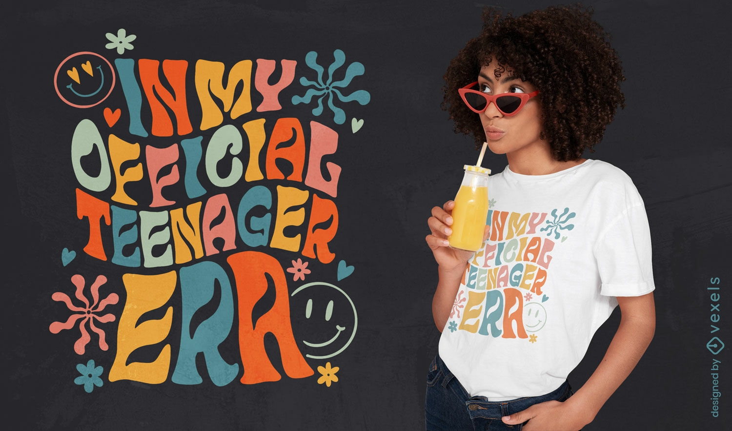 Diseño de camiseta con letras vibrantes de la era adolescente.