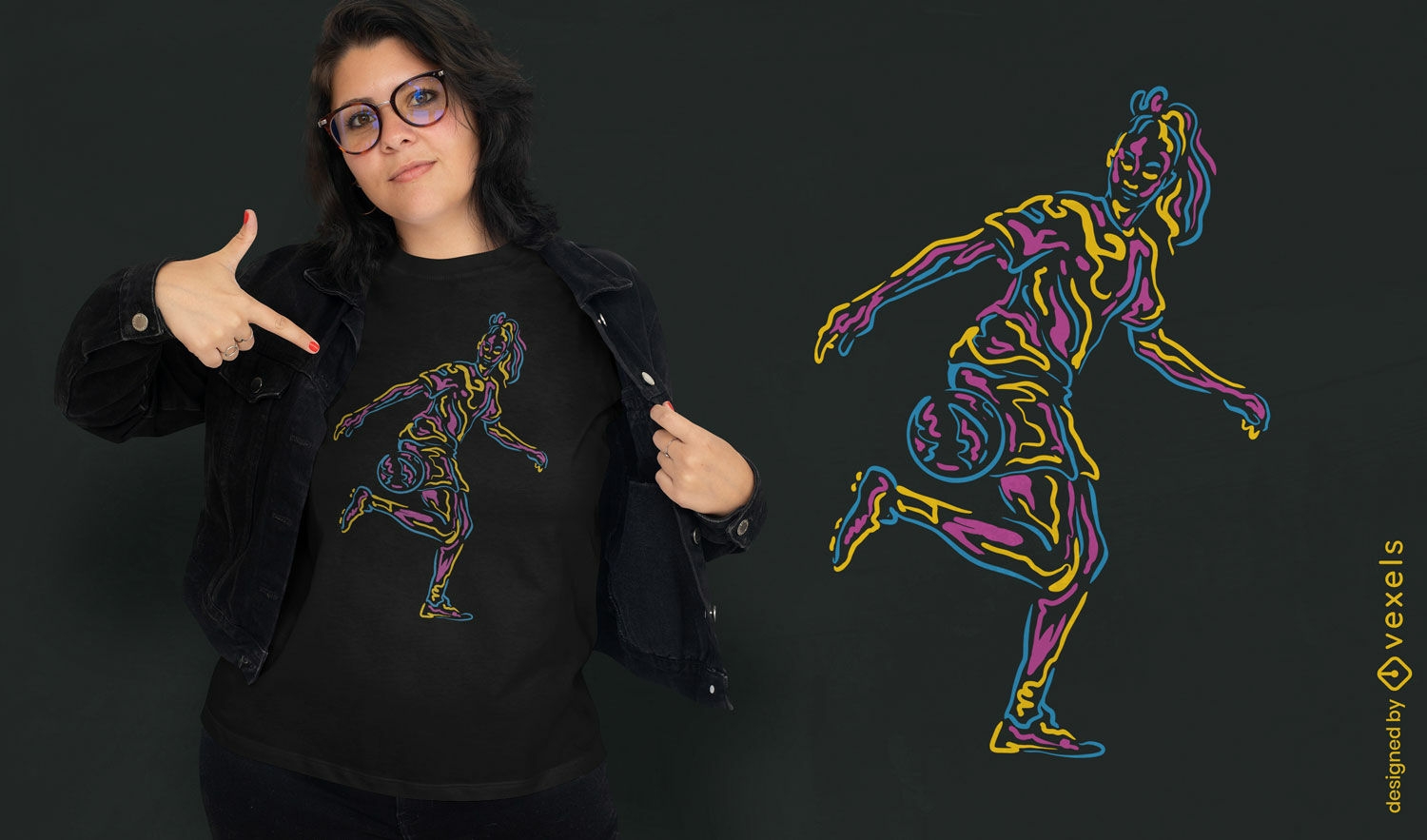Diseño de camiseta con movimiento de jugador de fútbol.
