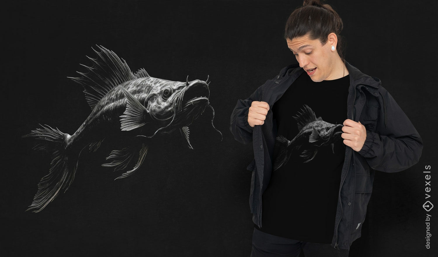 Design artístico de camiseta com ilustração de peixe-gato