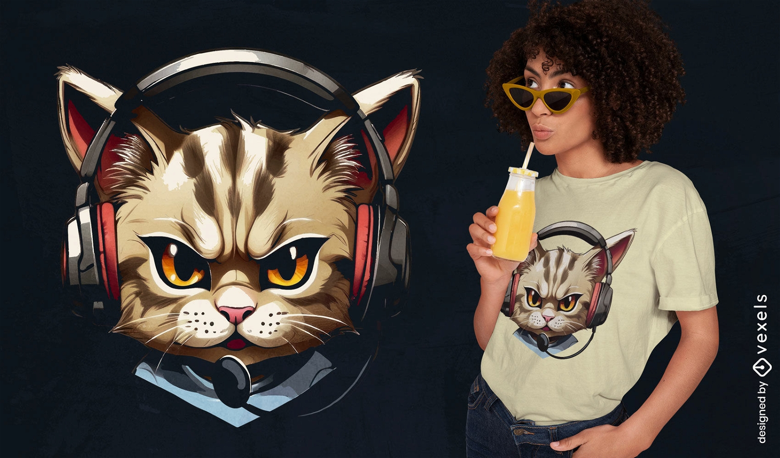 Dise?o de camiseta de gato con auriculares.