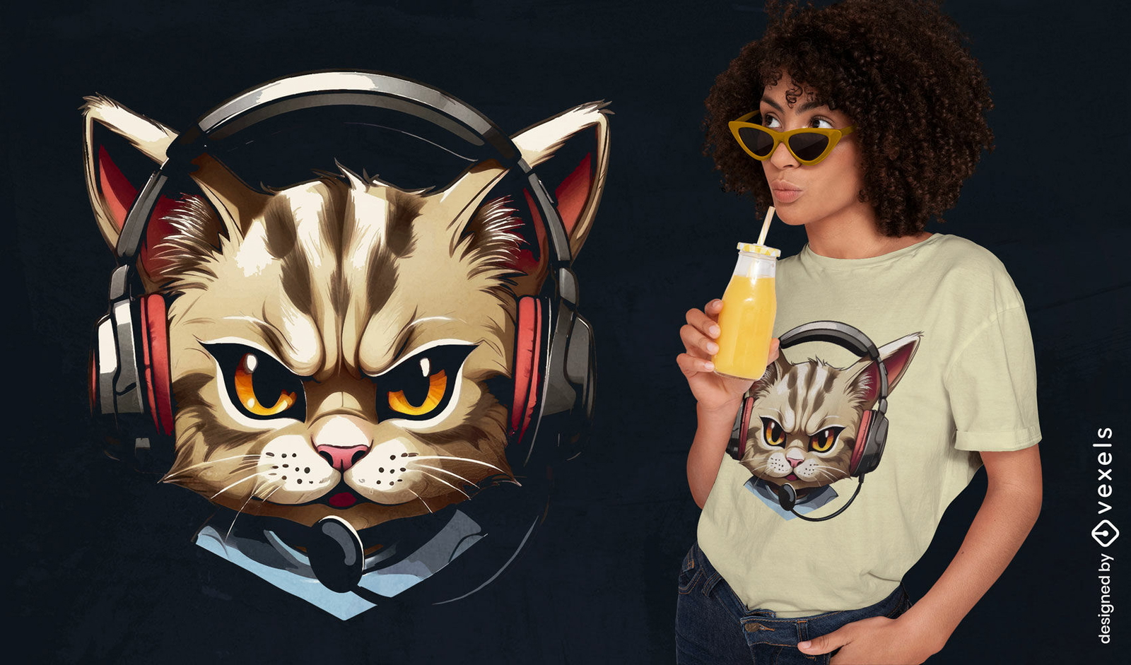 Diseño de camiseta de gato con auriculares.