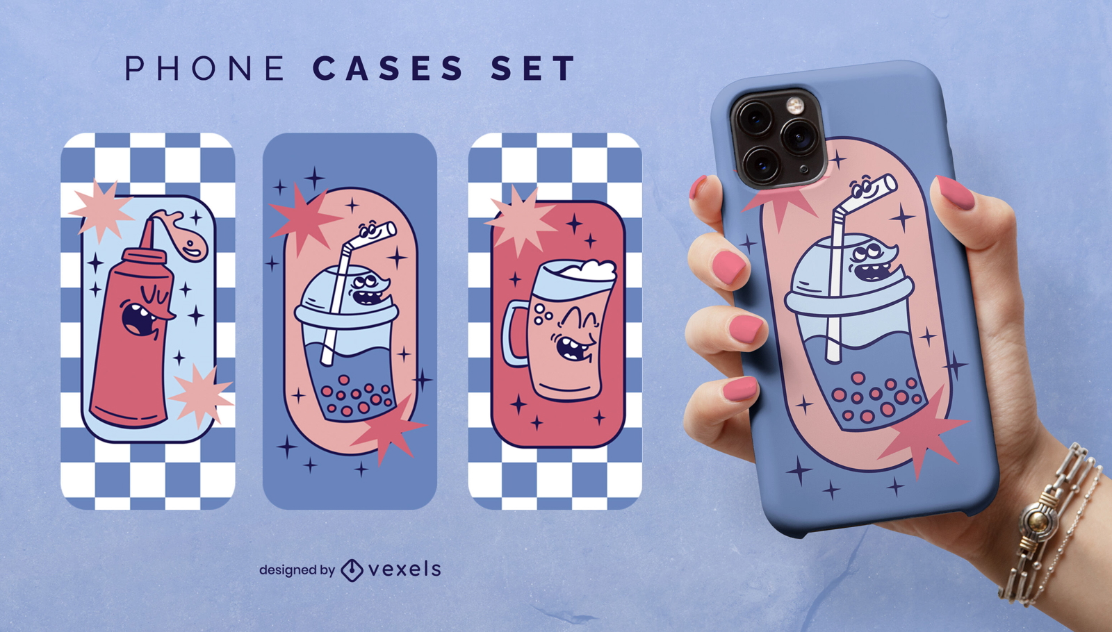 Diseño de escenografía de fundas para teléfonos con bebidas juguetonas.