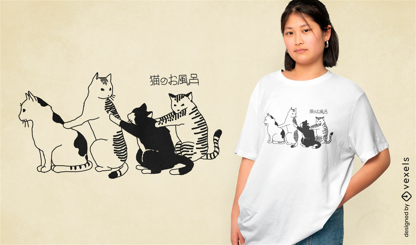 Diseño de camiseta minimalista con arte lineal de gato japonés.