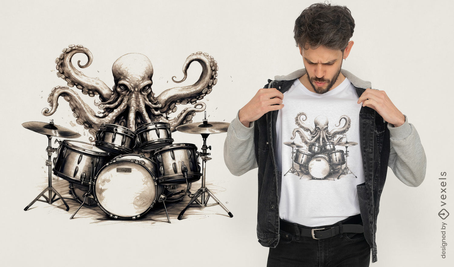 Diseño de camiseta imaginativo de baterista de pulpo.