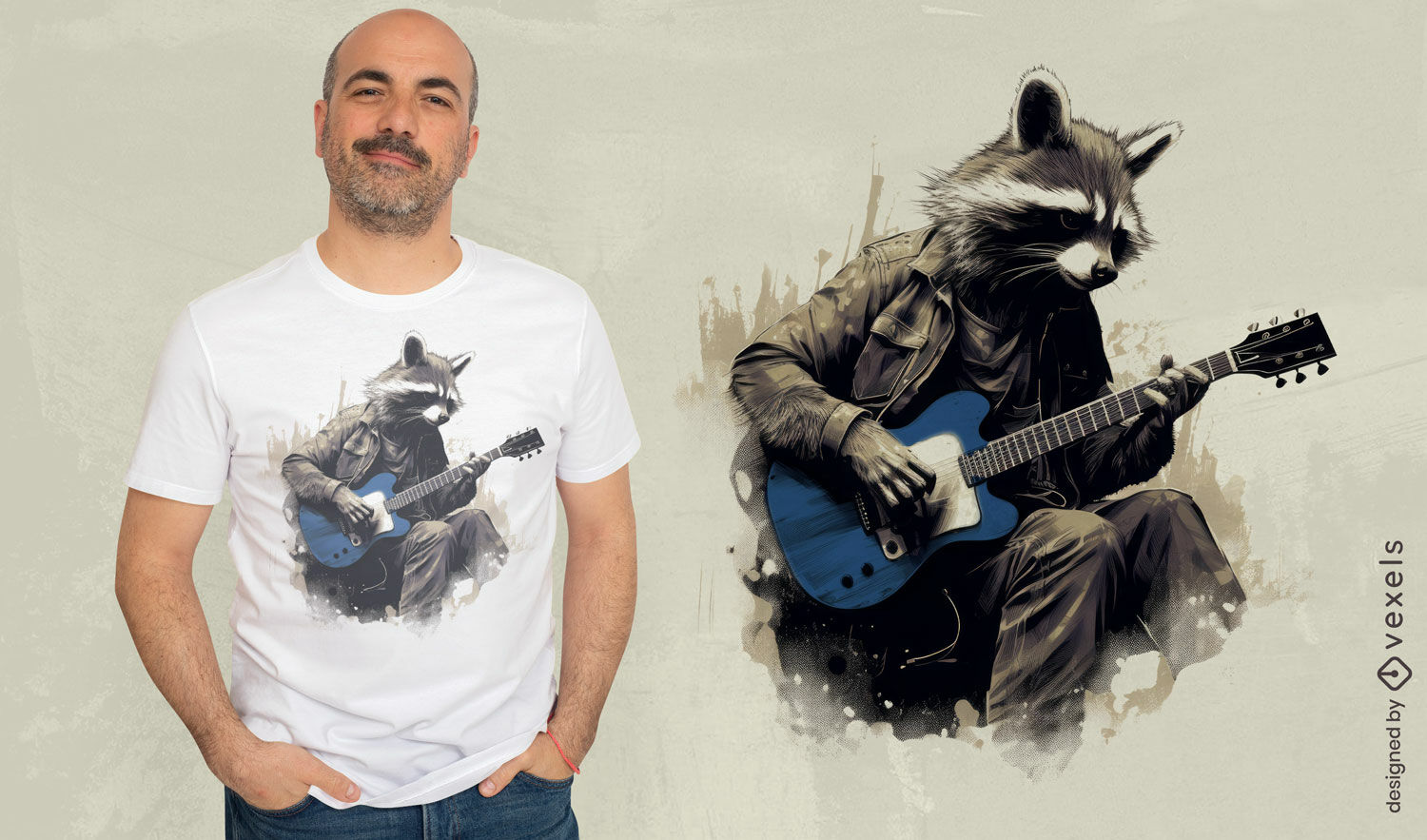 Diseño de camiseta de guitarrista de mapache musical.