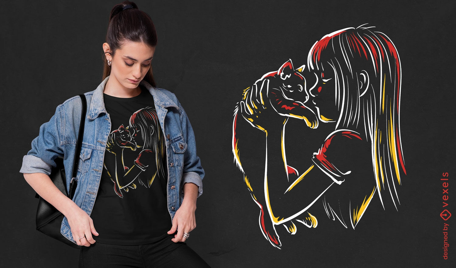 Tender cat and girl silhouette t-shirt design