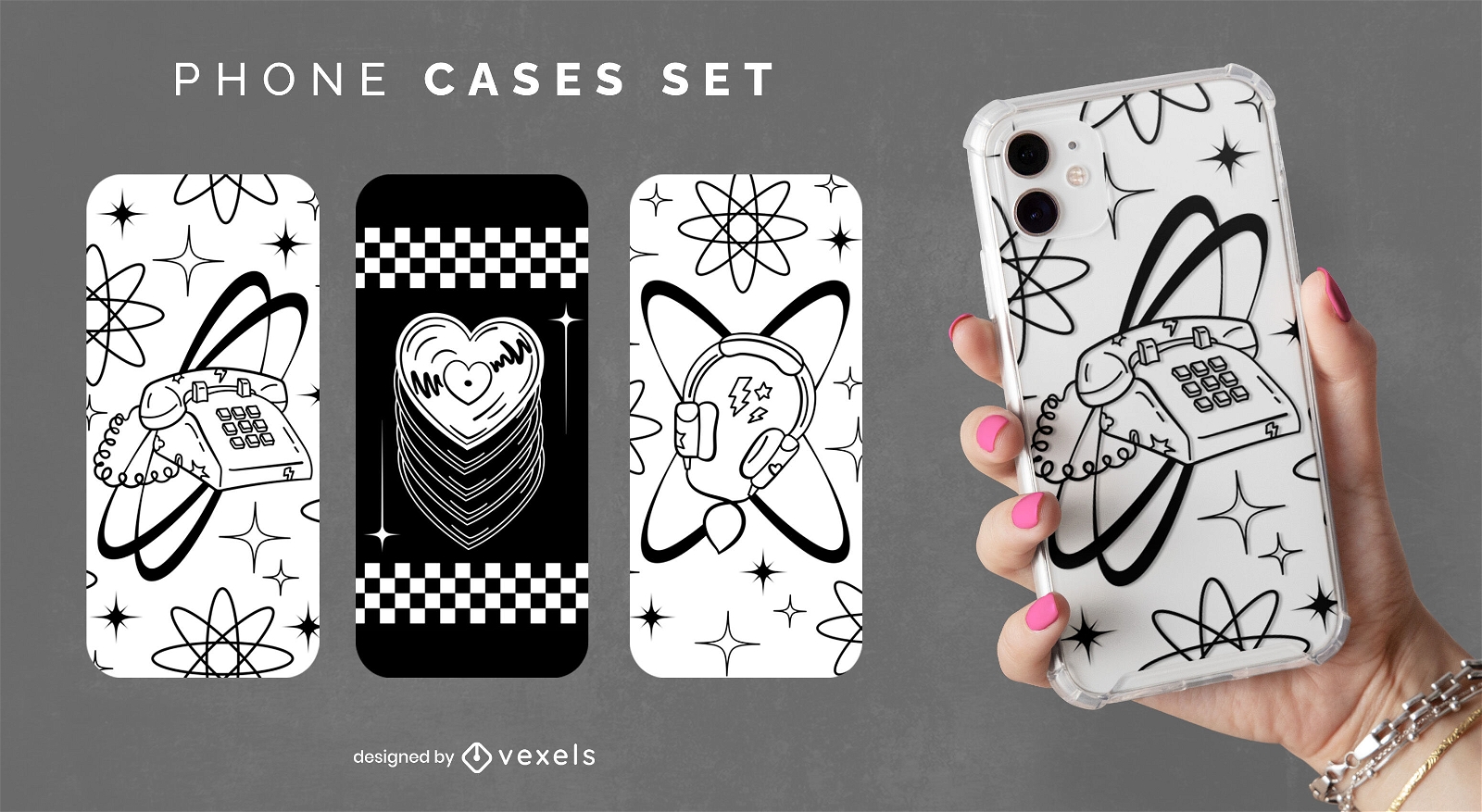 Monochrome doodle phone cases set design