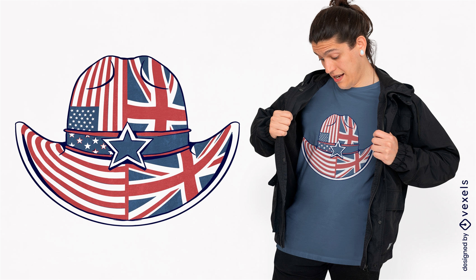Diseño de camiseta con sombrero de vaquero patriótico.