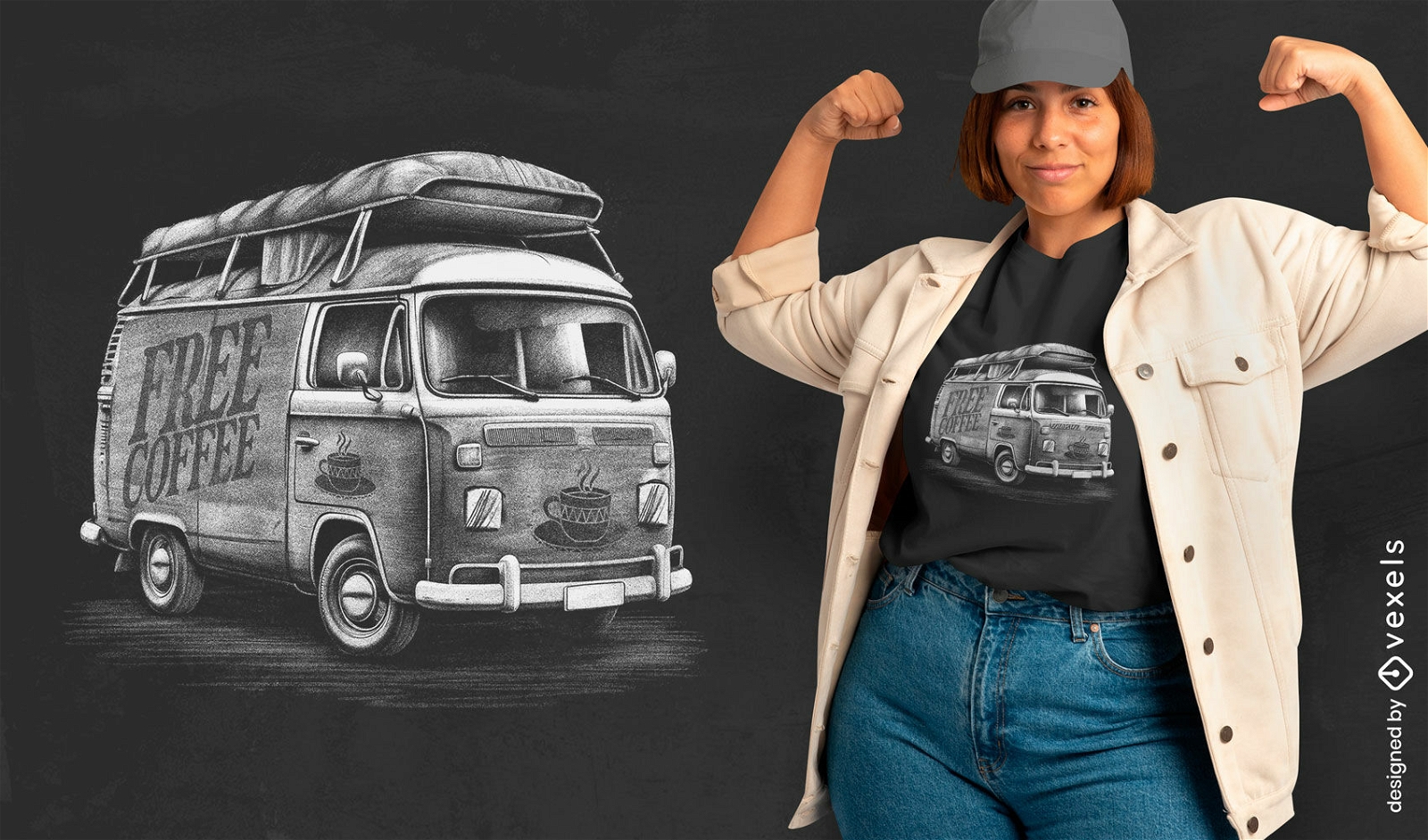 Diseño de camiseta vintage de furgoneta y café.