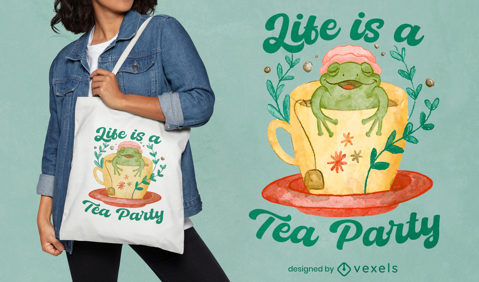 Diseño de bolso tote para fiesta de té con rana juguetona