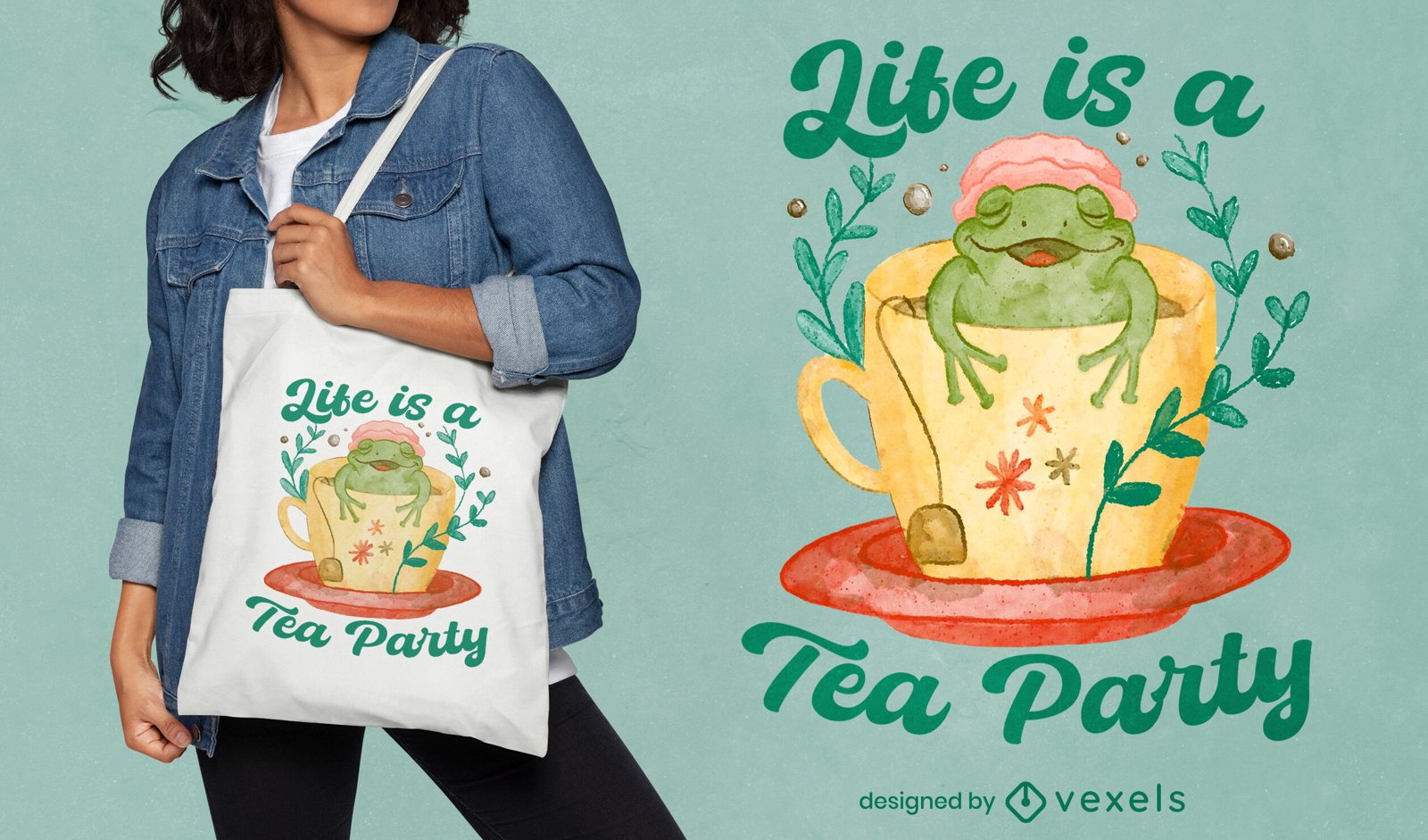 Playful frog tea party tote bag design