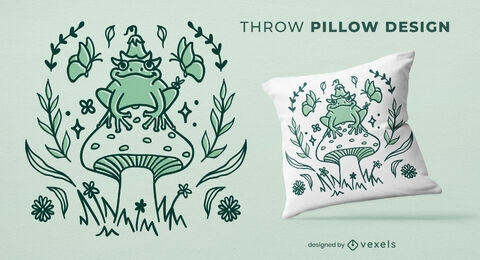 Frog king of the mushroom throw pillow design