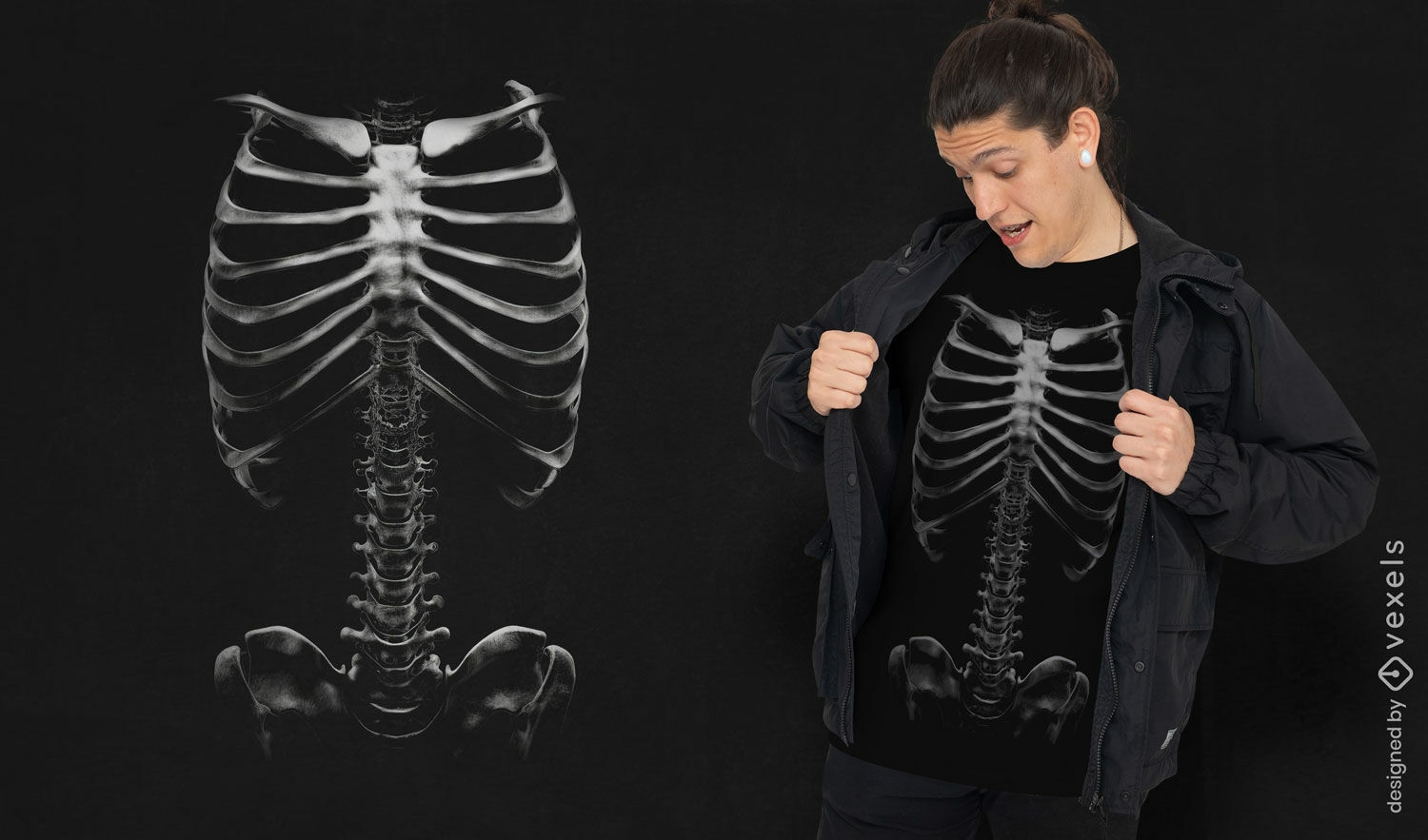 Design monocromático de camiseta com esqueleto humano
