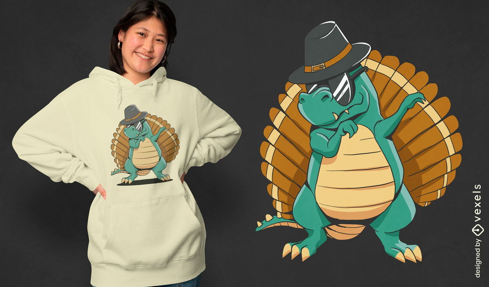 Diseño de camiseta híbrida de dinosaurio pavo.