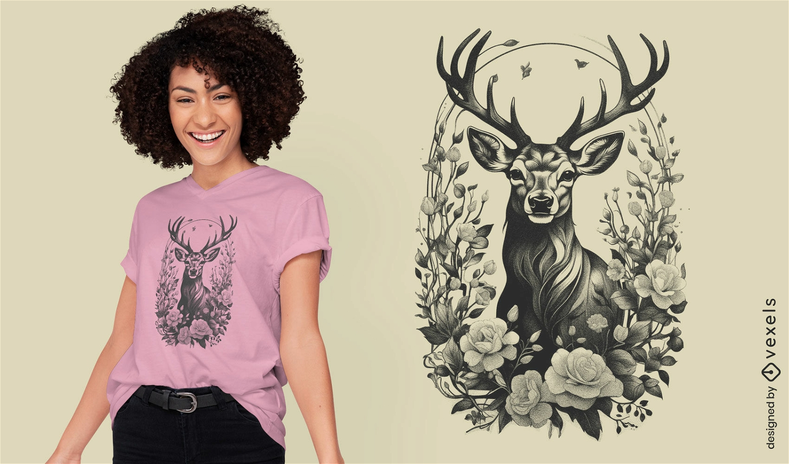 Diseño de camiseta de renos y flores.