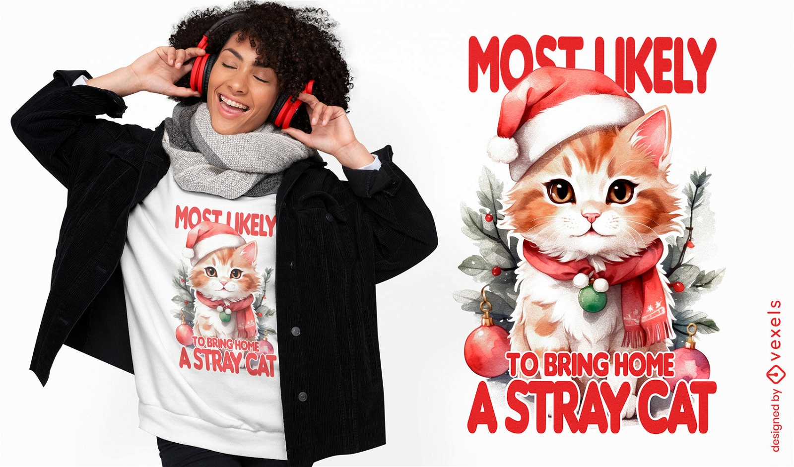 Diseño de camiseta con regalo de gato navideño.