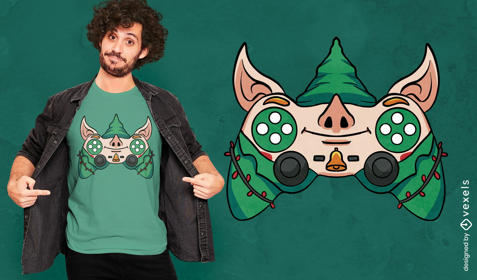 Diseño de camiseta navideña de controlador de videojuego elfo.