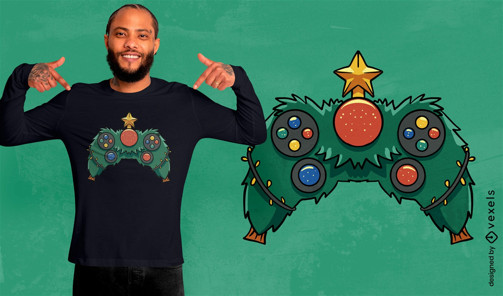 Diseño de camiseta de árbol de Navidad con controlador de juegos.