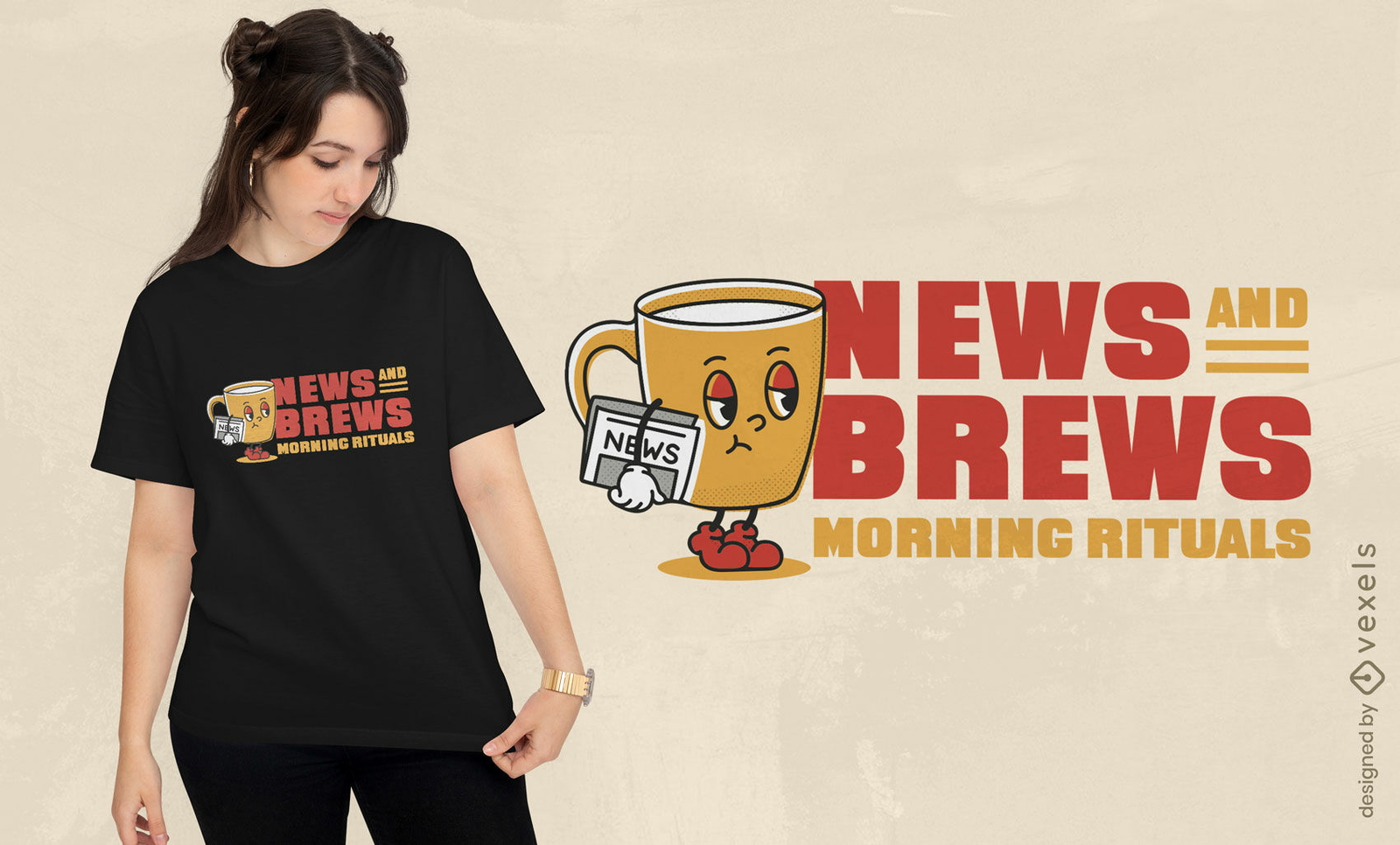 Diseño de camiseta de cervezas y noticias sobre rituales matutinos.