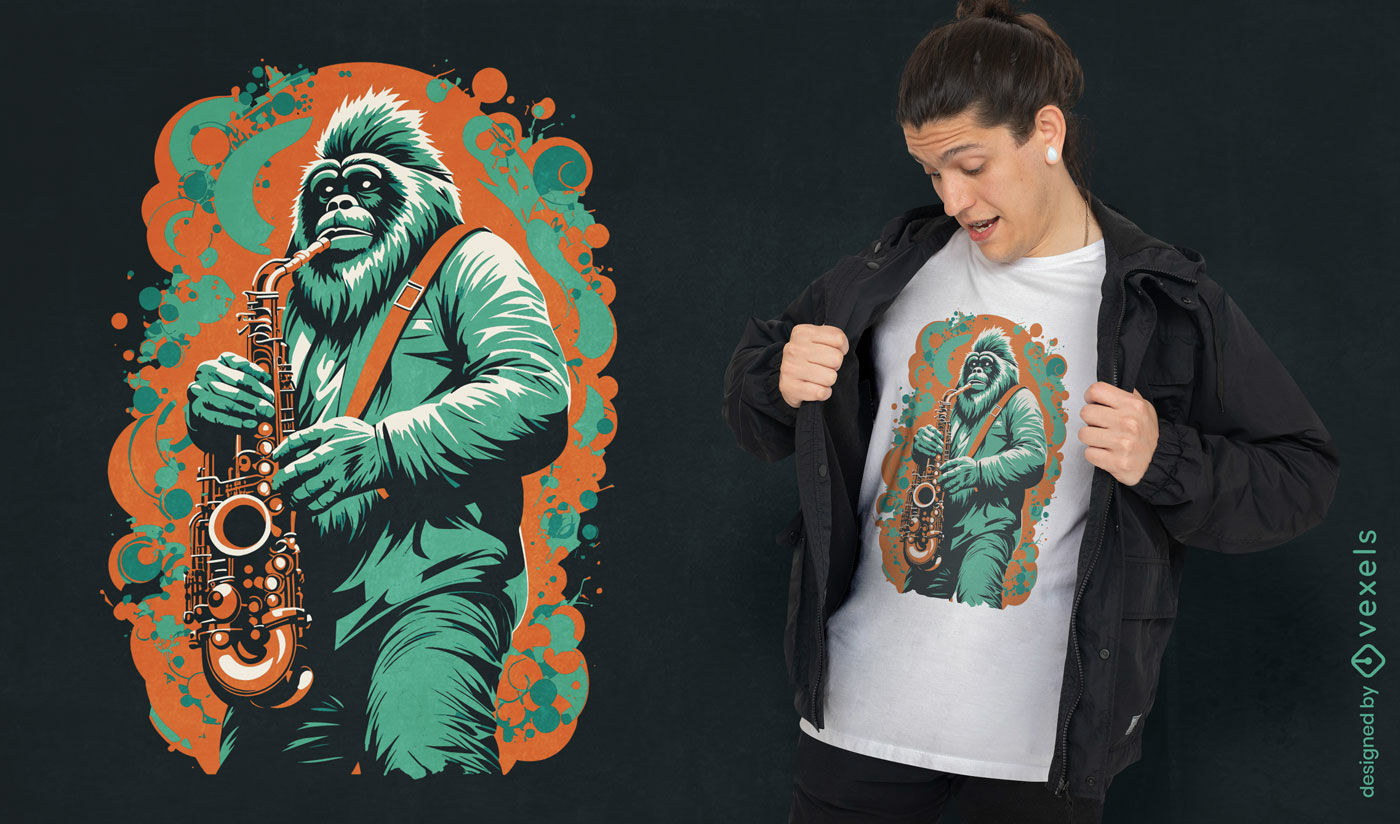 Diseño de camiseta bigfoot tocando el saxofón.