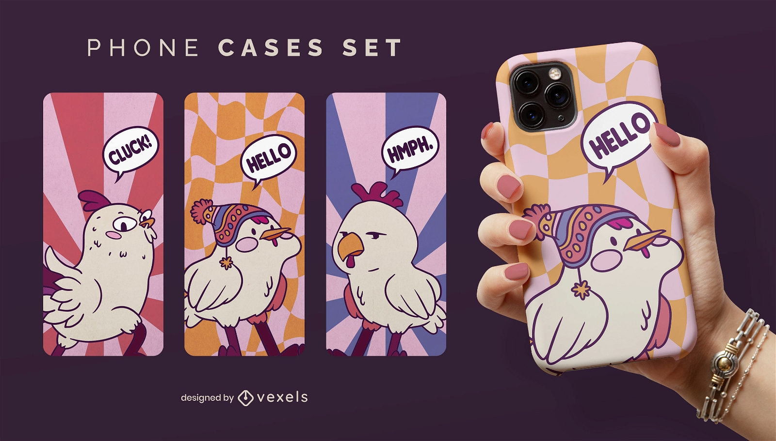 Animated chicken expressions phone cases set design