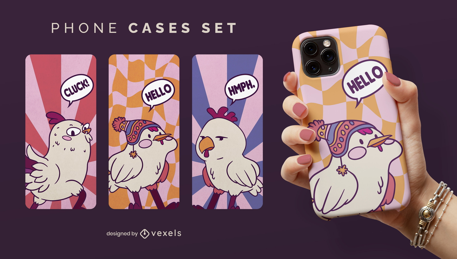 Diseño de escenografía de fundas para teléfonos con expresiones animadas de pollo.