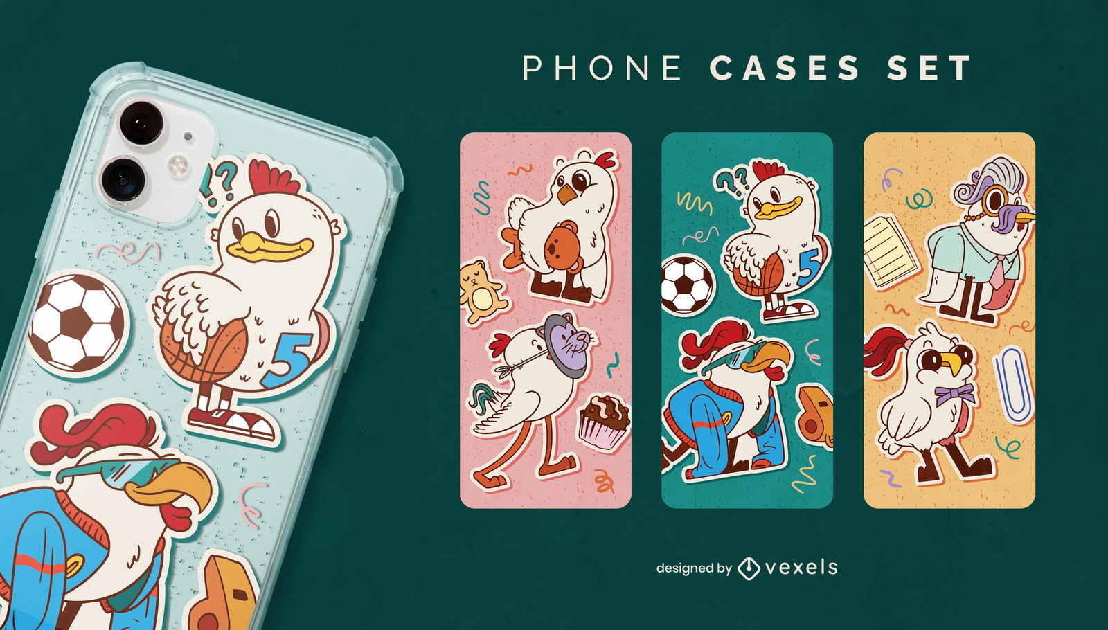 Diseño de escenografía de fundas para teléfonos con animales juguetones.