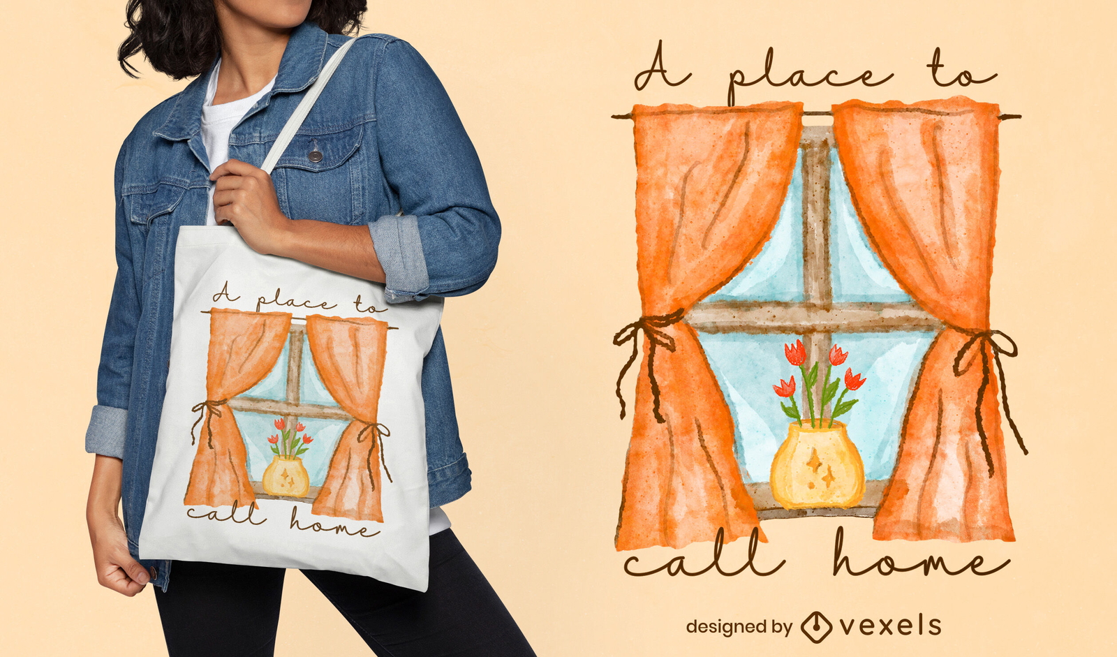 Acogedor diseño de bolso tote con escena de ventana