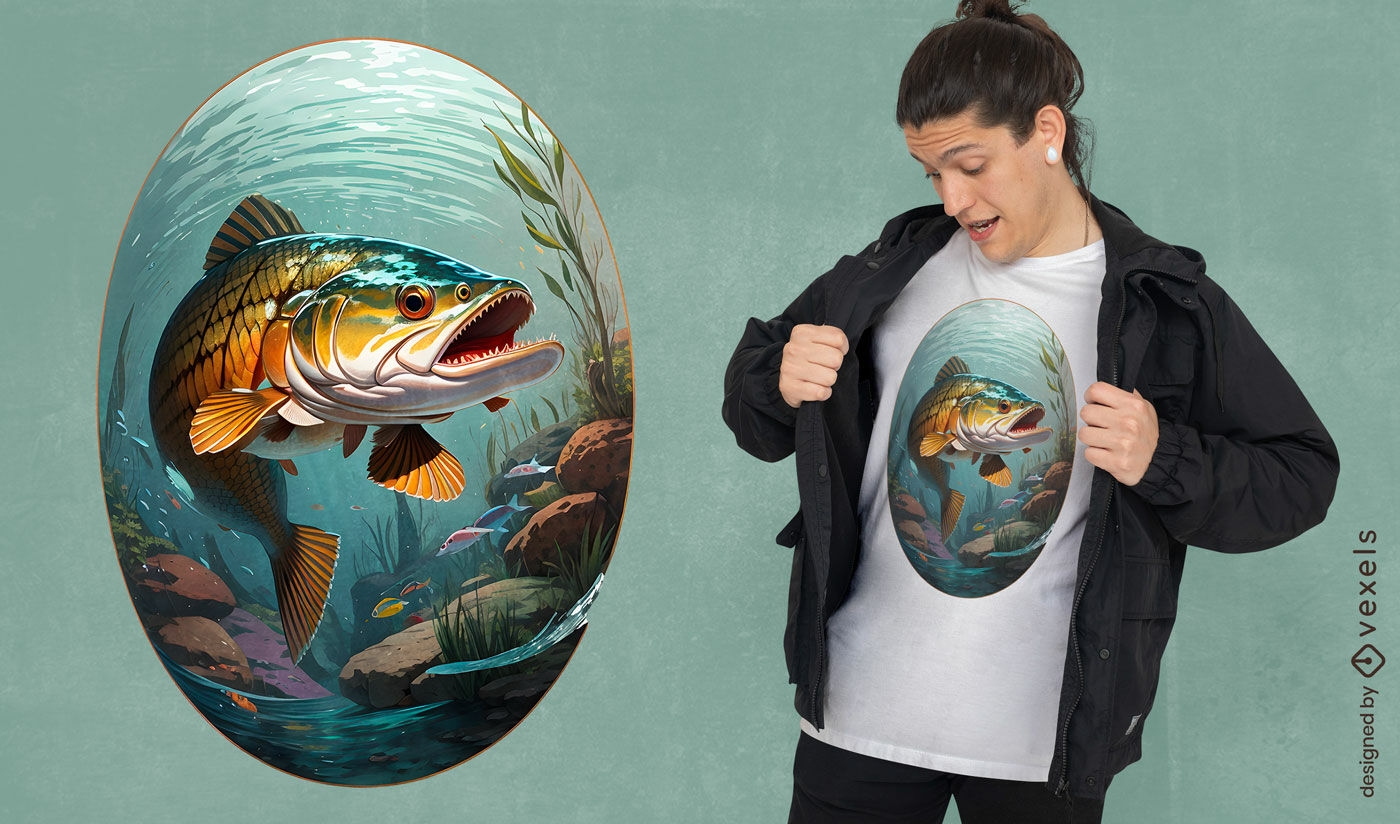 Design animado de camiseta com peixe lúcio