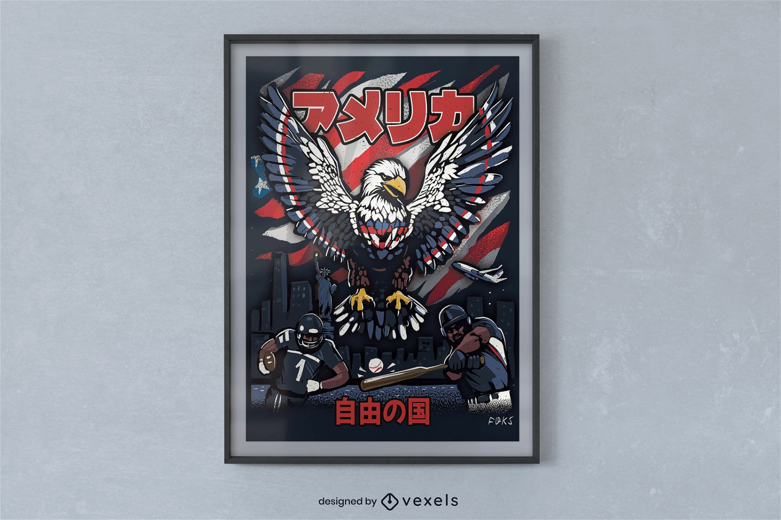 Diseño de cartel patriótico de águila kanji.