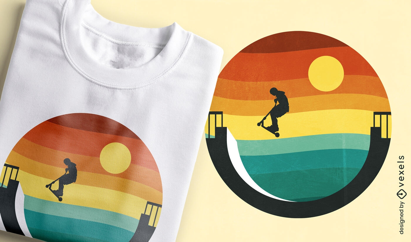 Design de camiseta para skatista ao pôr do sol