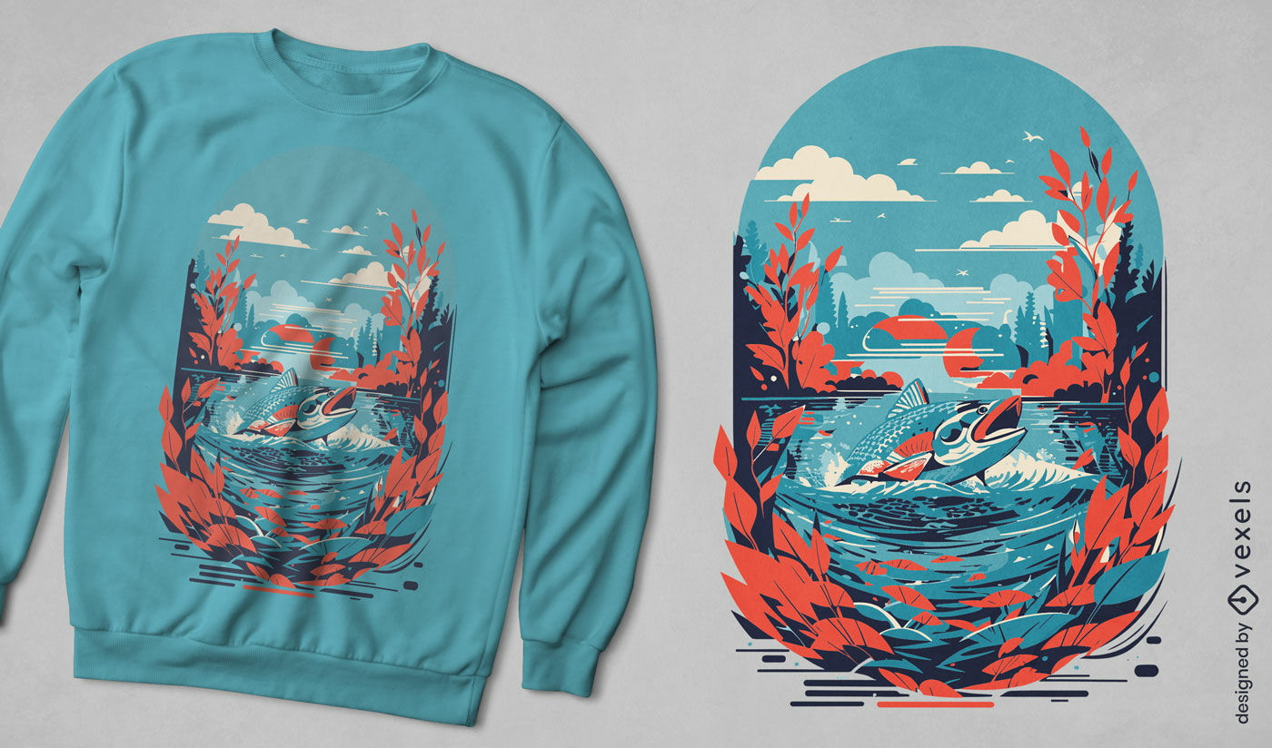Diseño de camiseta de paisaje de peces.