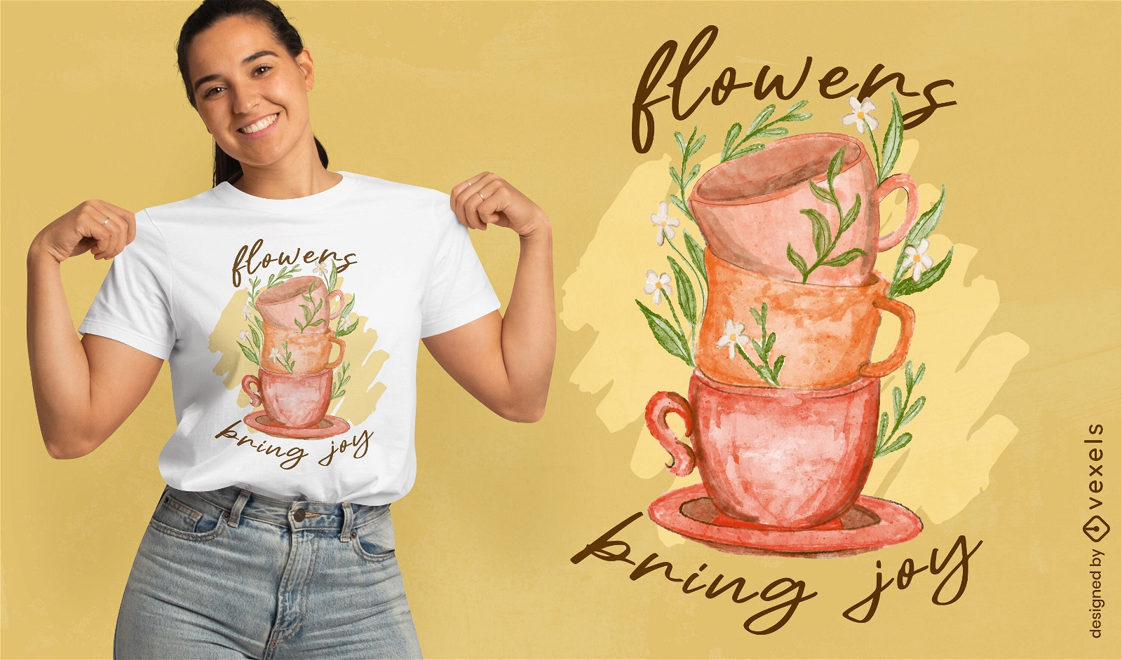Design alegre de camisetas com vasos de flores