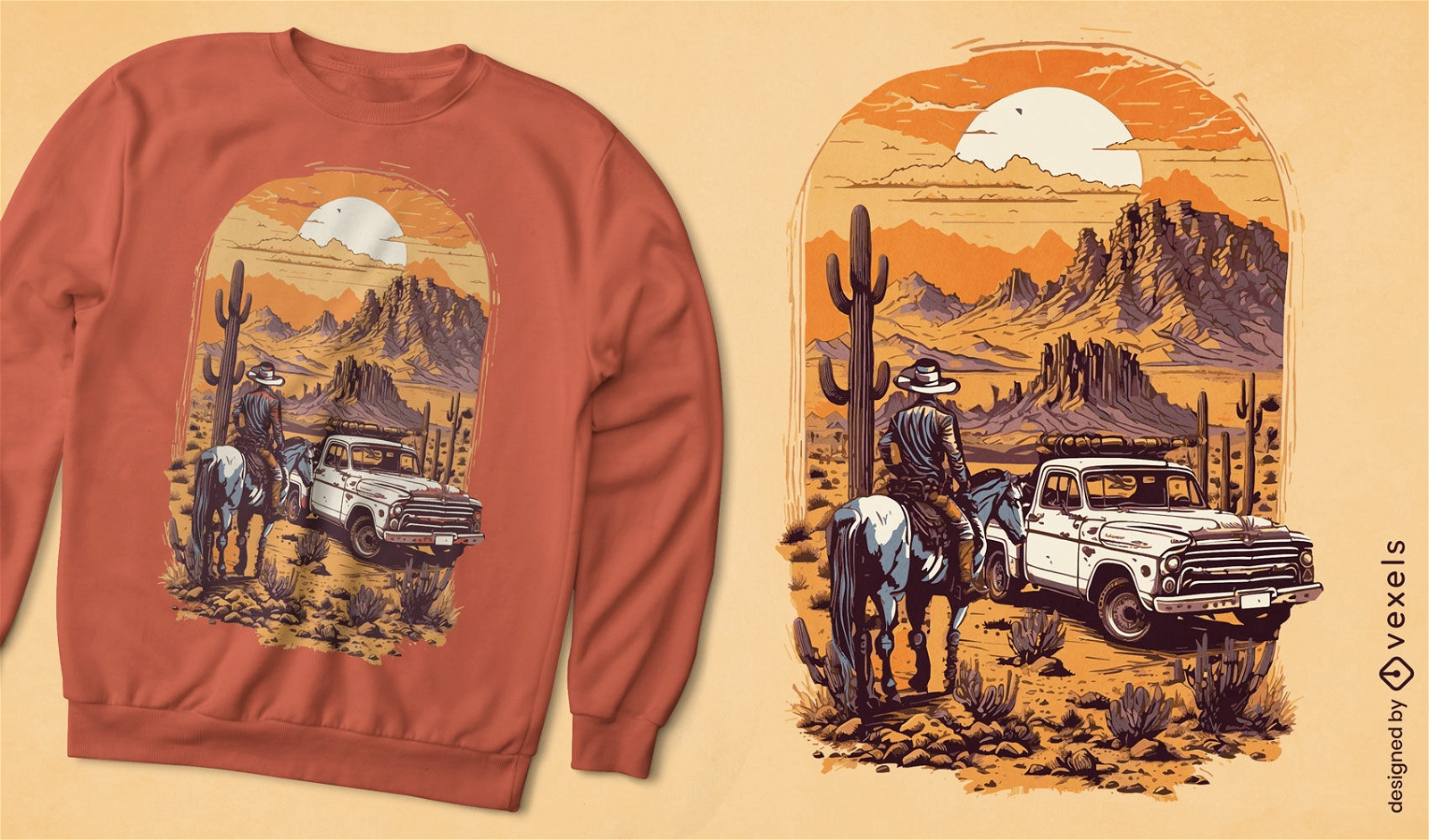 Diseño de camiseta vintage de vaquero y camión.