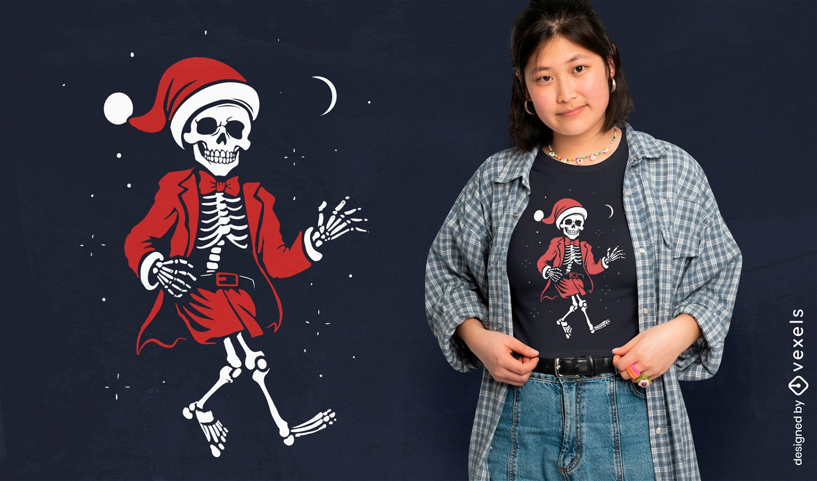 Diseño de camiseta navideña de esqueleto bailando.