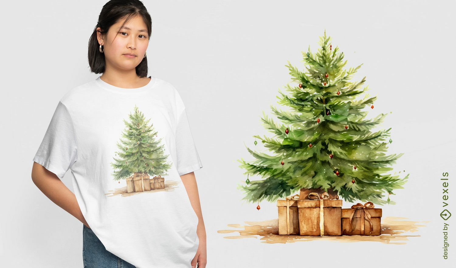 Diseño de camiseta con ilustración de árbol de Navidad con regalos.